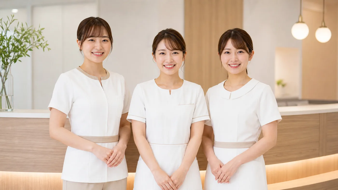 受付前に並んで微笑むスタッフ3名