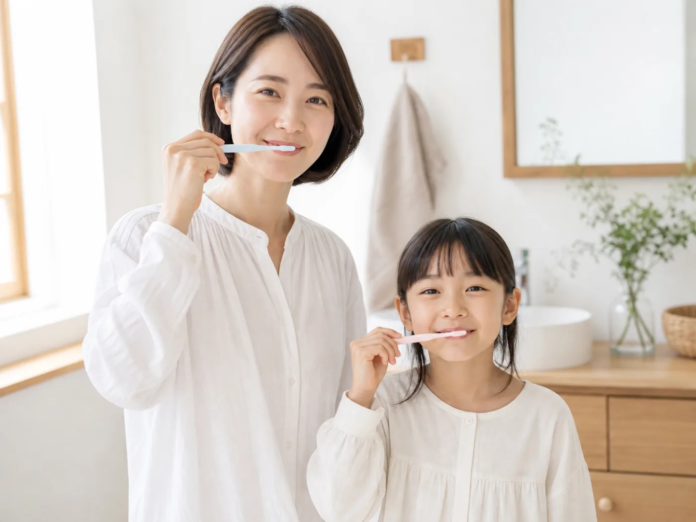 親子で並んで歯みがきをする様子