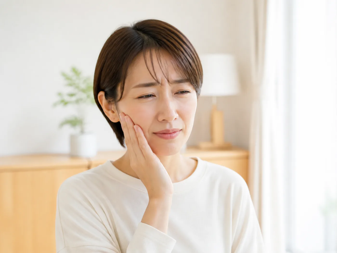 頬を押さえて歯の痛みをこらえる女性
